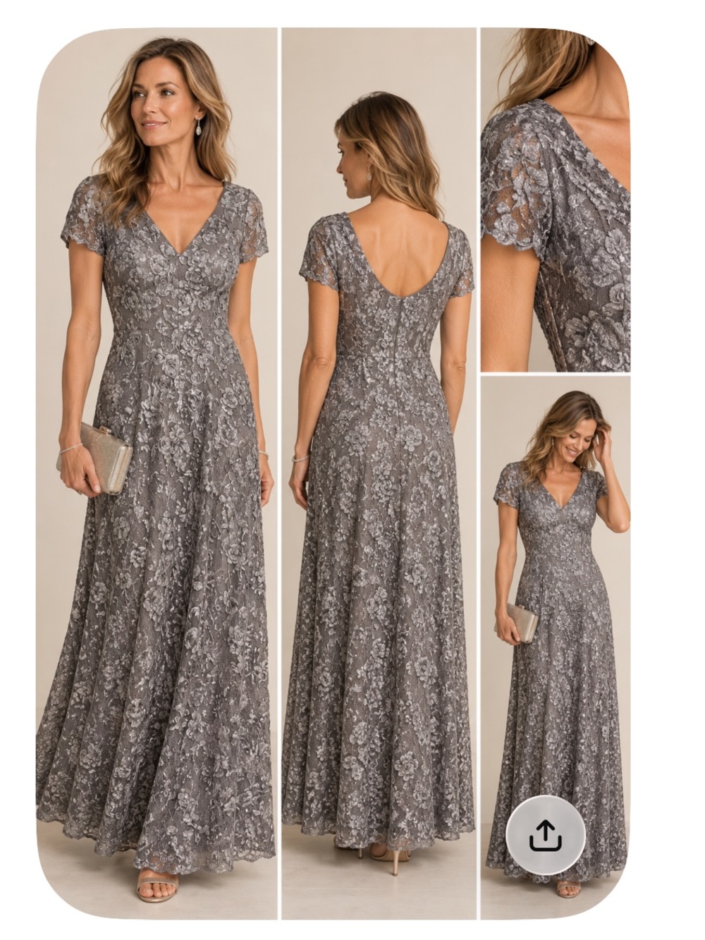 NWT Alex Evenings Rosette Lace A-Line Gown Dove Grey 12